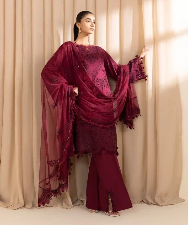 3 Piece - Embroidered Cotton Satin Suit SKU: 0U3PELX25V28