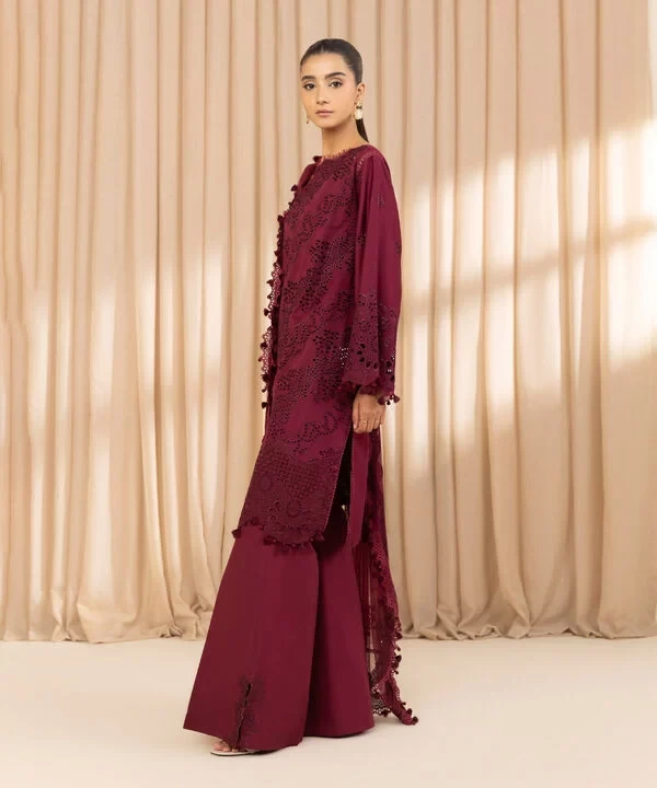 3 Piece - Embroidered Cotton Satin Suit SKU: 0U3PELX25V28