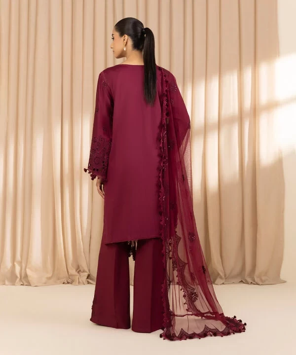 3 Piece - Embroidered Cotton Satin Suit SKU: 0U3PELX25V28