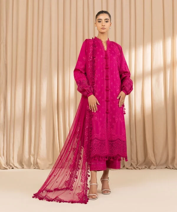 3 Piece - Embroidered Cotton Satin Suit SKU: 0U3PELX25V27