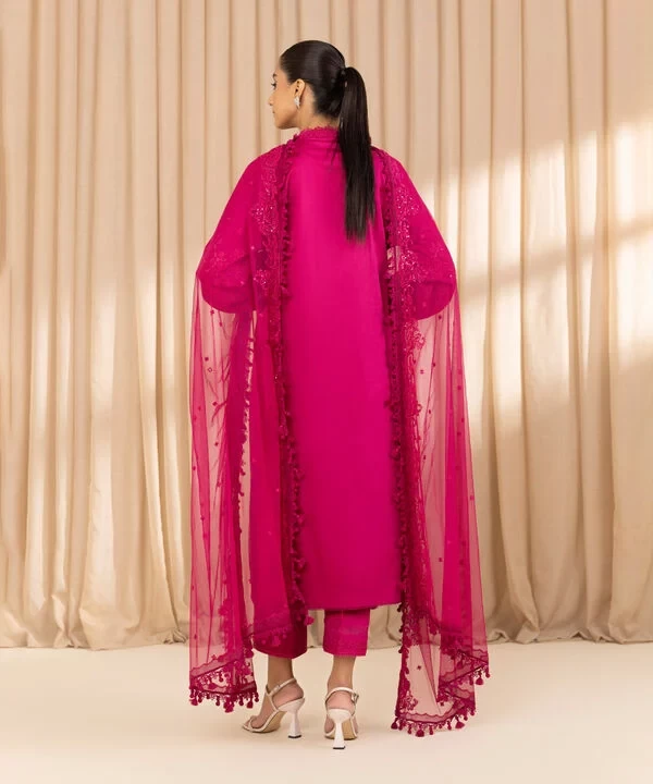 3 Piece - Embroidered Cotton Satin Suit SKU: 0U3PELX25V27