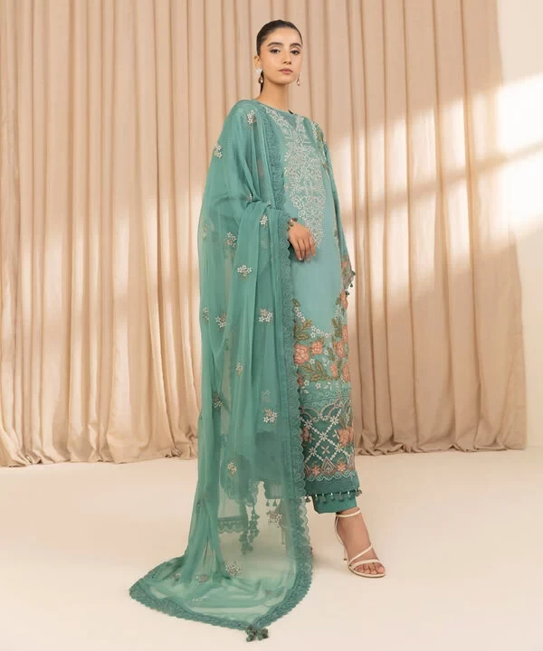 3 Piece - Embroidered Cotton Satin Suit SKU: U3PELX25V219