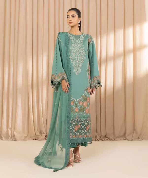 3 Piece - Embroidered Cotton Satin Suit SKU: U3PELX25V219
