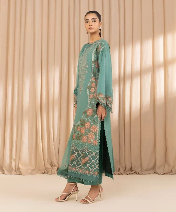 3 Piece - Embroidered Cotton Satin Suit SKU: U3PELX25V219