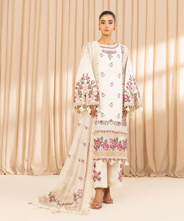 3 Piece - Embroidered Cotton Satin Suit SKU: 0U3PELX25V26