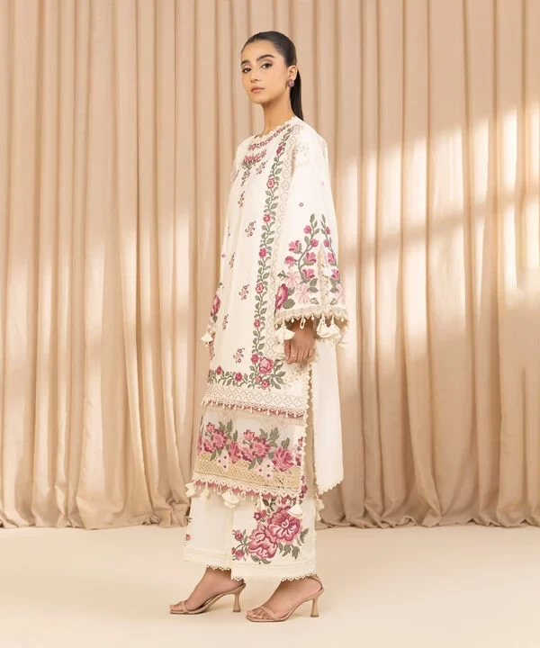 3 Piece - Embroidered Cotton Satin Suit SKU: 0U3PELX25V26