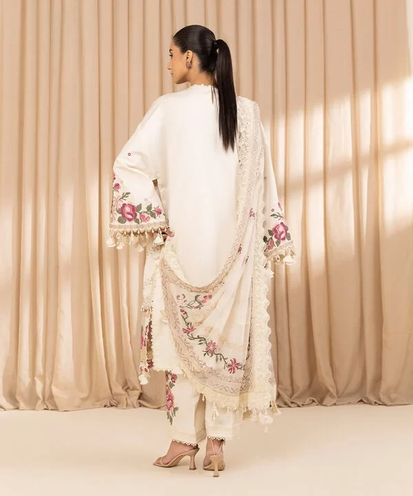 3 Piece - Embroidered Cotton Satin Suit SKU: 0U3PELX25V26