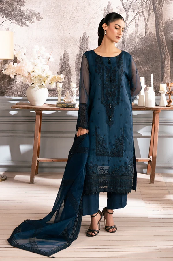 3 Piece Embroidered Semi Formal Rajjo Net Suit SKU: WOM34126