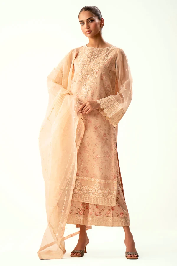 3 Piece Embroidered Digital Printed Silk + Organza Suit SKU: WUM34307