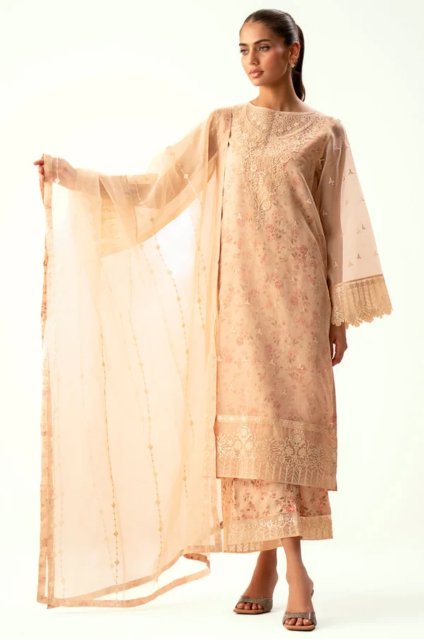 3 Piece Embroidered Digital Printed Silk + Organza Suit SKU: WUM34307