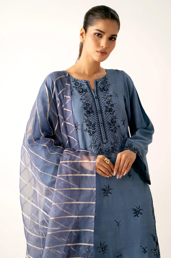 3 Piece Embroidered Raw Silk Suit SKU: WUM34209