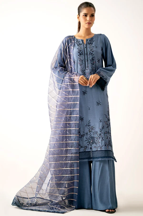 3 Piece Embroidered Raw Silk Suit SKU: WUM34209
