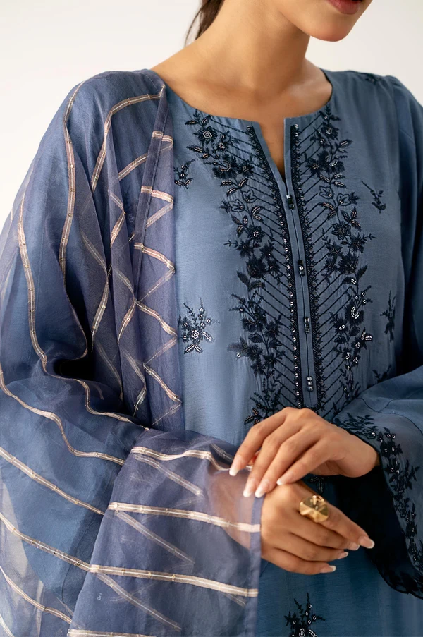 3 Piece Embroidered Raw Silk Suit SKU: WUM34209