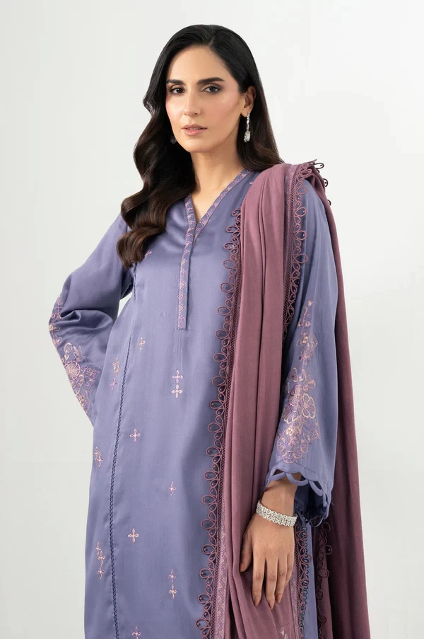 3 Piece Embroidered Cotton Satin Suit SKU: WAM34621