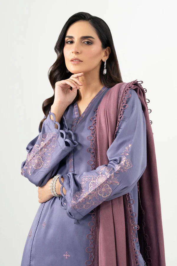 3 Piece Embroidered Cotton Satin Suit SKU: WAM34621