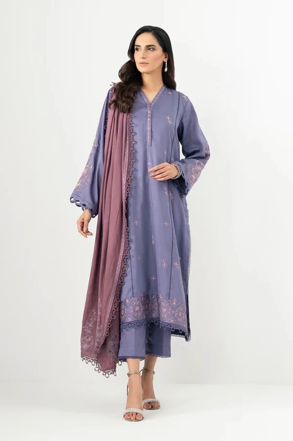 3 Piece Embroidered Cotton Satin Suit SKU: WAM34621