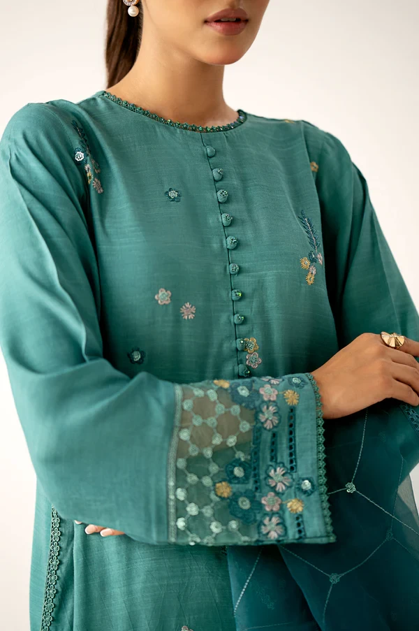 3 Piece Embroidered Raw Silk Suit SKU: WUM34109