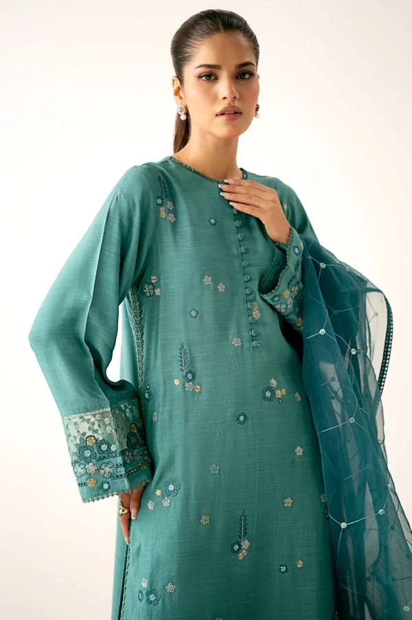 3 Piece Embroidered Raw Silk Suit SKU: WUM34109