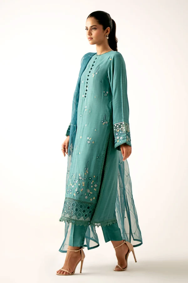 3 Piece Embroidered Raw Silk Suit SKU: WUM34109