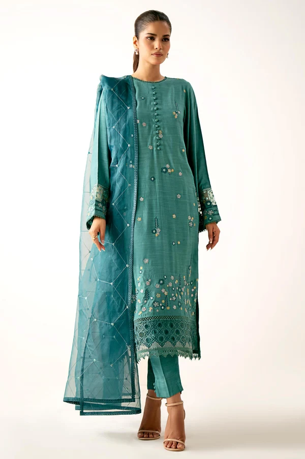 3 Piece Embroidered Raw Silk Suit SKU: WUM34109