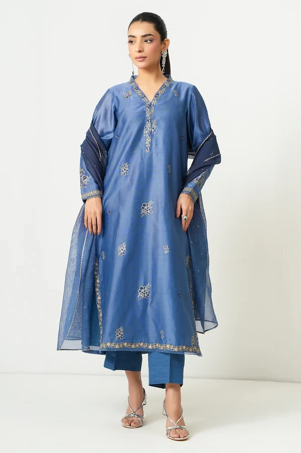 3 Piece Embroidered Cotton Net Suit SKU: WUM35110