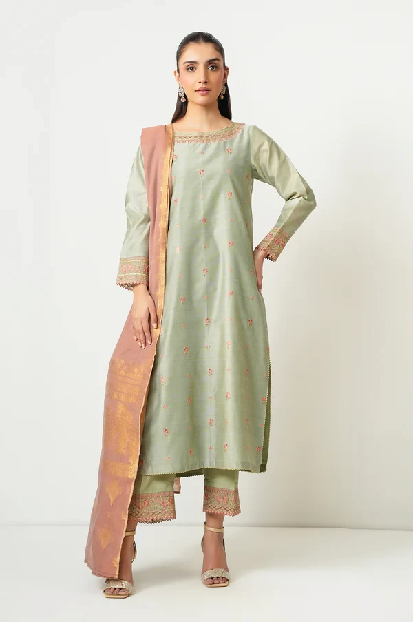 3 Piece Embroidered Cotton Net Suit SKU: WUM35112