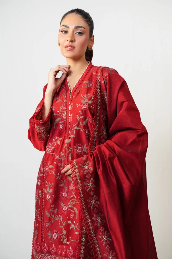 3 Piece Embroidered Cotton Net Suit  SKU: WUM35116