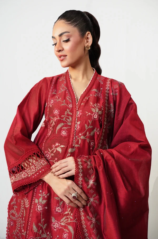 3 Piece Embroidered Cotton Net Suit  SKU: WUM35116
