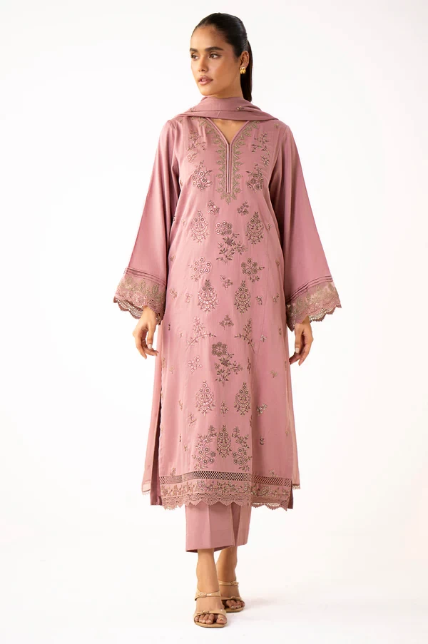 3 Piece Embroidered Cotton Satin Suit  SKU: WUM34310