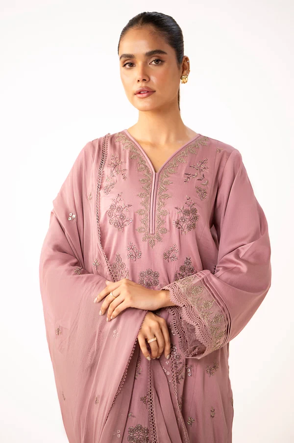 3 Piece Embroidered Cotton Satin Suit  SKU: WUM34310