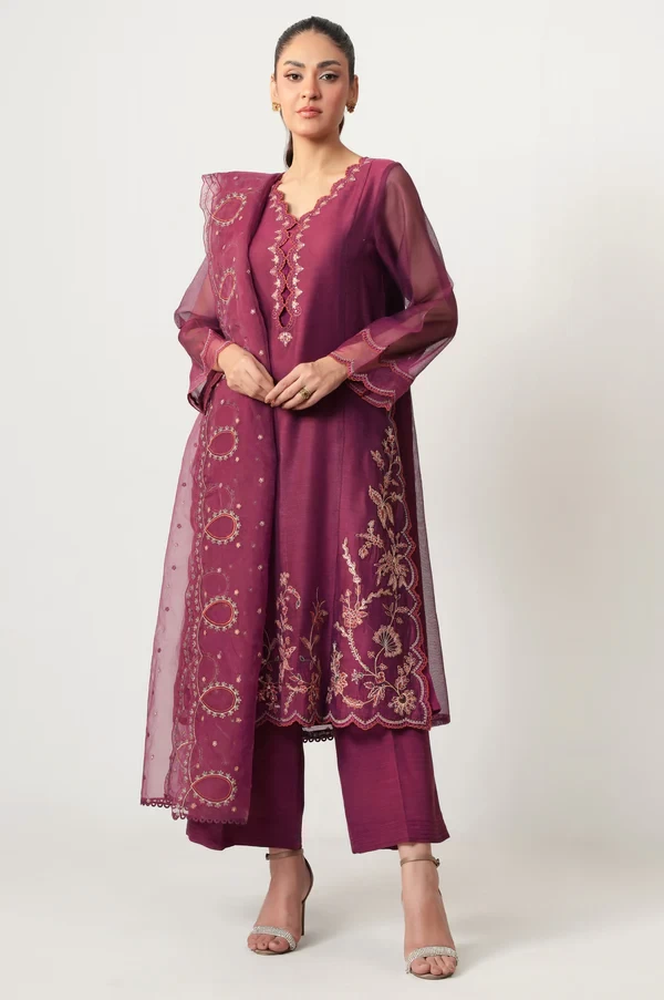 3 Piece Embroidered Khaddi Net Suit  SKU: WUM35114