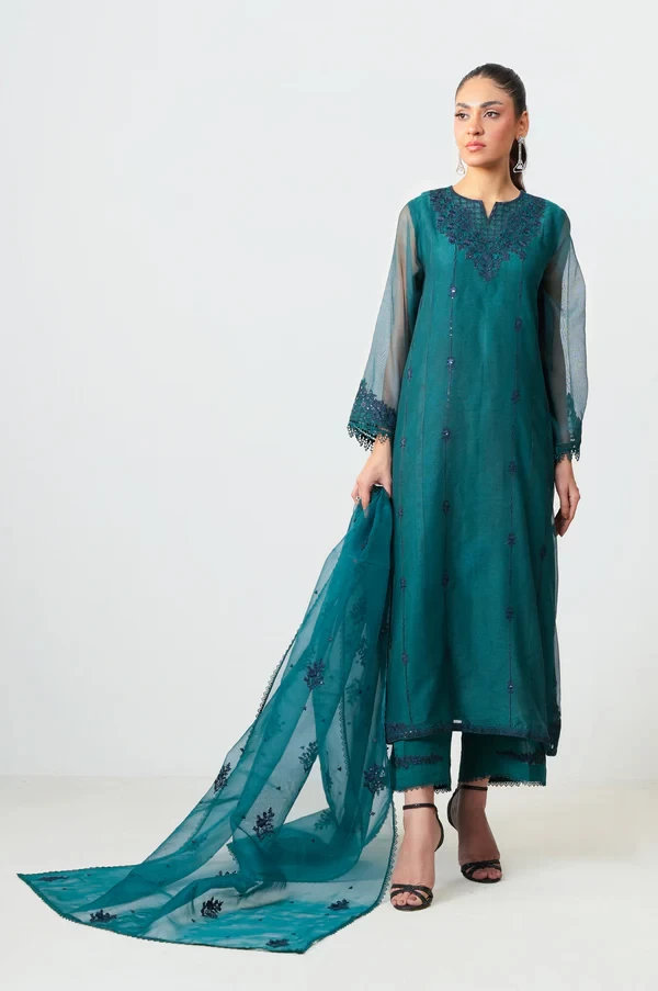 3 Piece Embroidered Khaddi Net Suit SKU: WUM35115