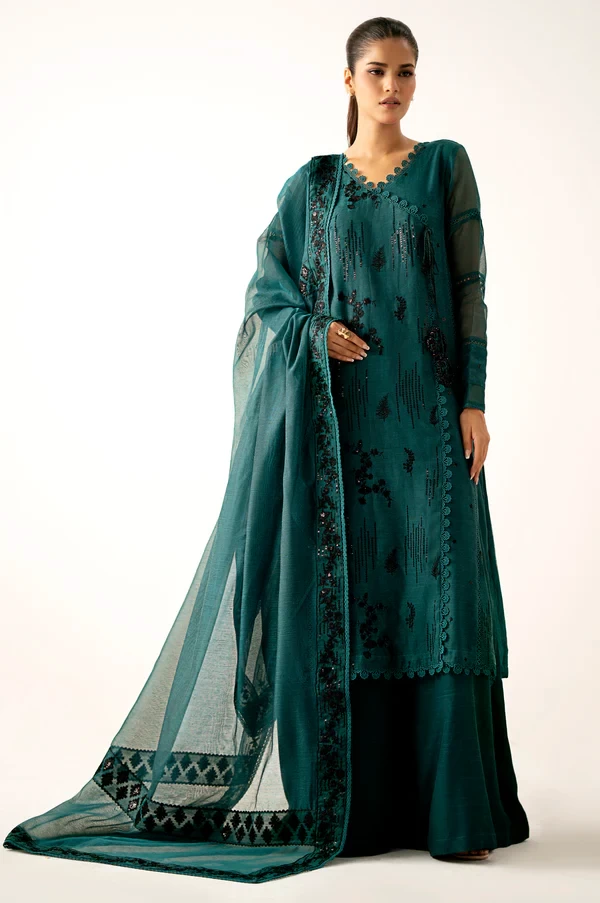 3 Piece Embroidered Khaddi Net Suit  SKU: WUM34203