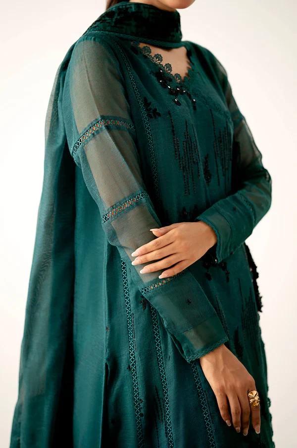 3 Piece Embroidered Khaddi Net Suit  SKU: WUM34203