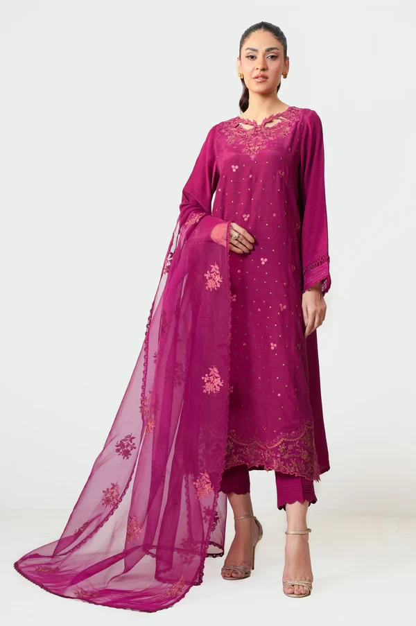 3 Piece Embroidered Raw Silk Suit  SKU: WUM35103