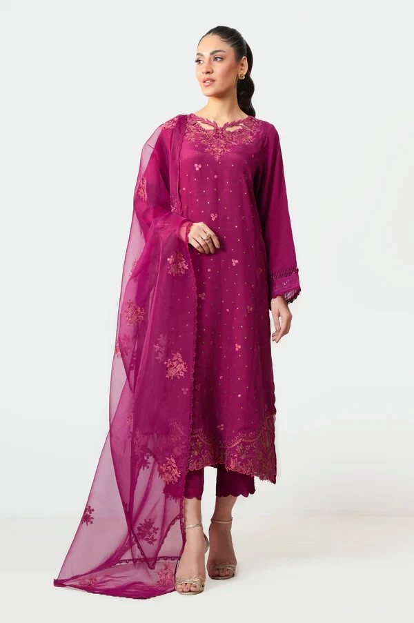 3 Piece Embroidered Raw Silk Suit  SKU: WUM35103
