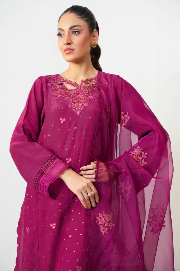 3 Piece Embroidered Raw Silk Suit  SKU: WUM35103