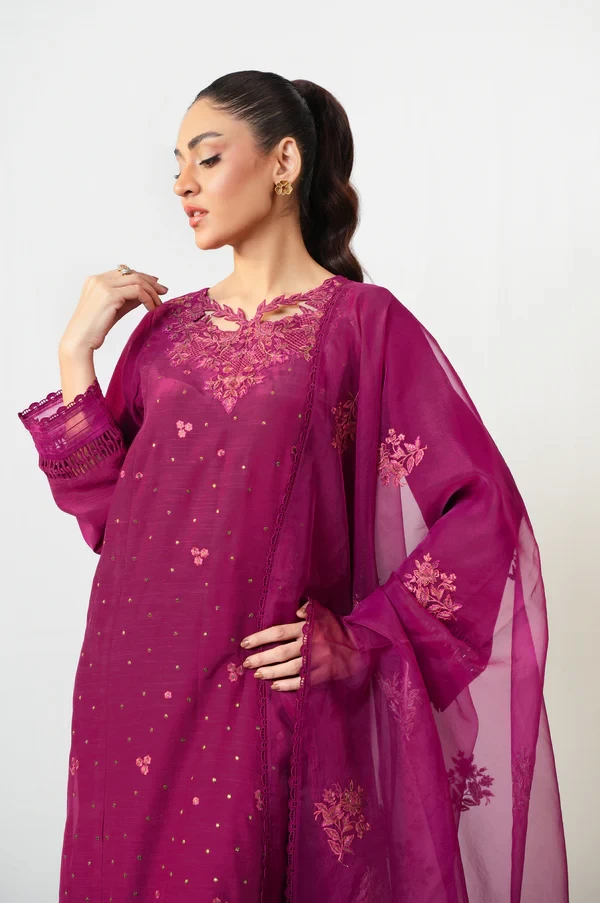 3 Piece Embroidered Raw Silk Suit  SKU: WUM35103