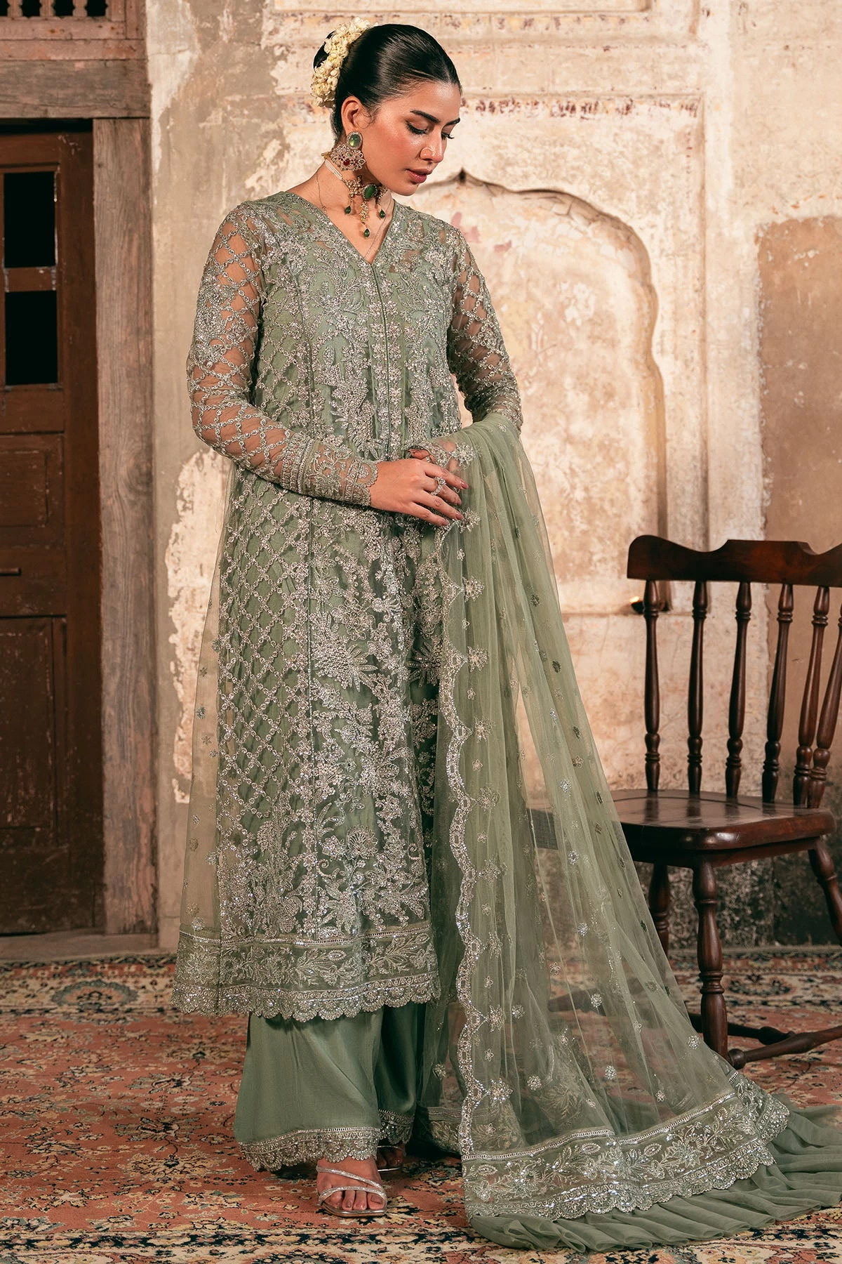 4822-ALAMZAIB EMBROIDERED SILK NET