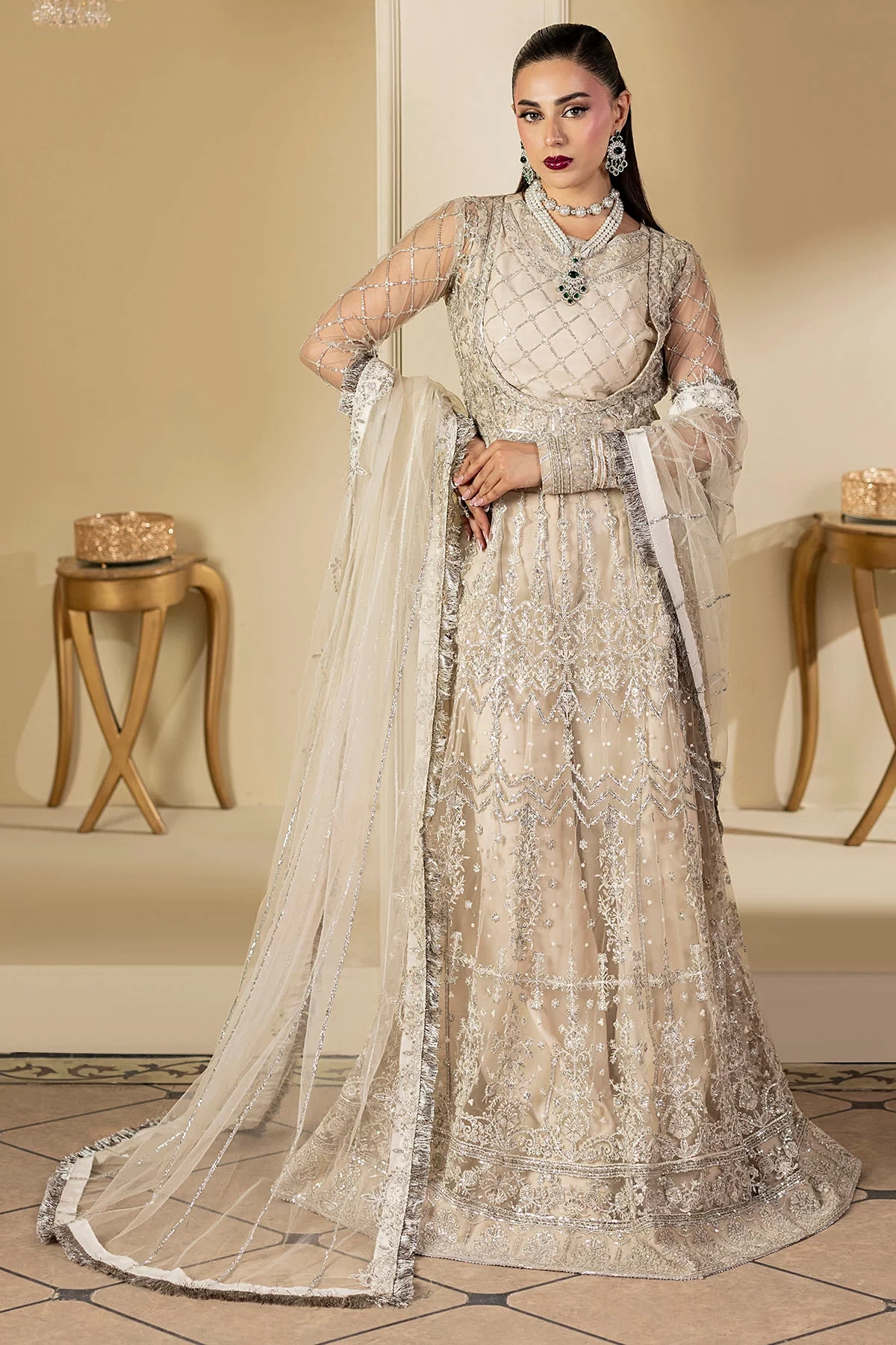 5131-DOVE EMBROIDERED SILK NET - MWU05131-999-DOVE