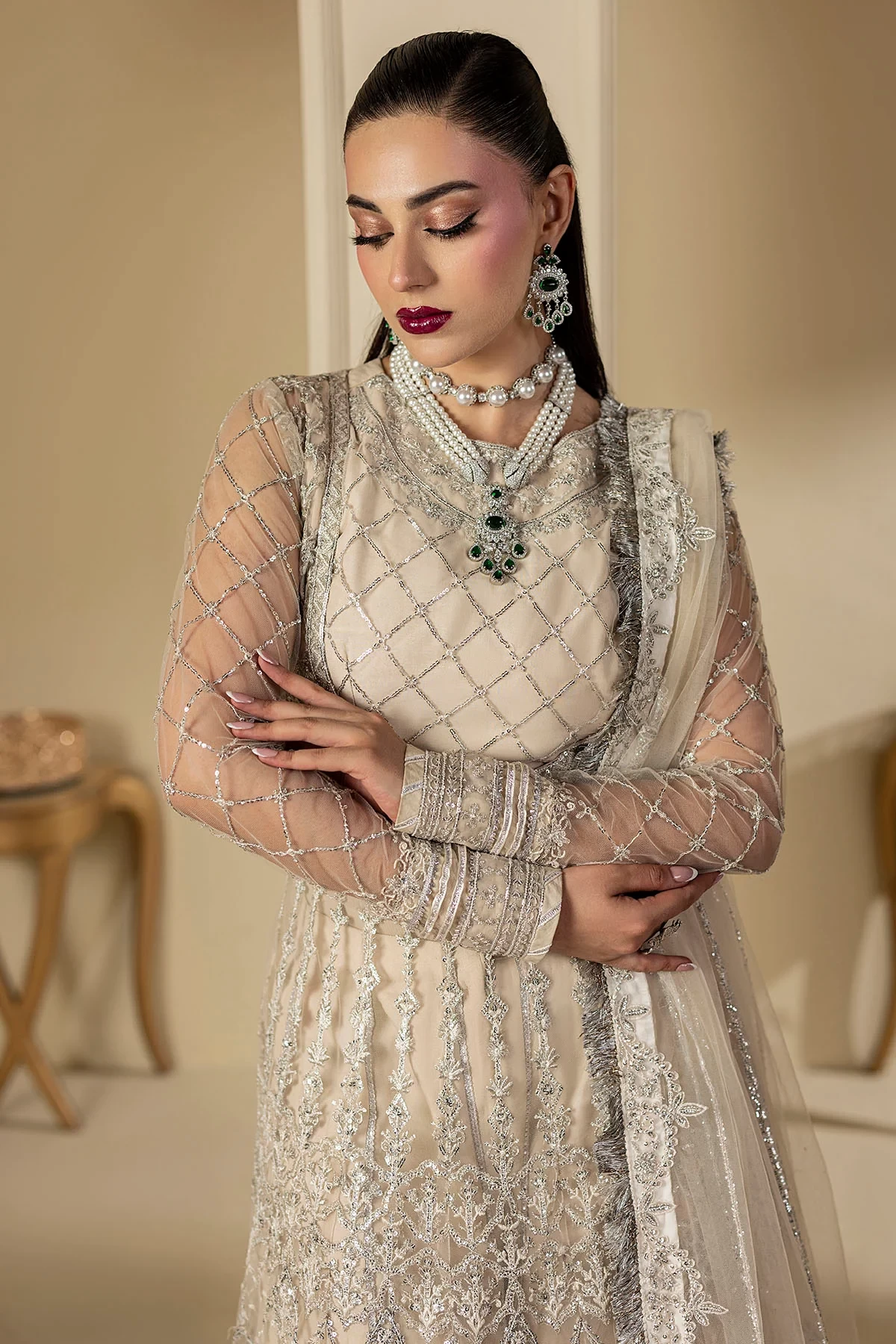 5131-DOVE EMBROIDERED SILK NET - MWU05131-999-DOVE