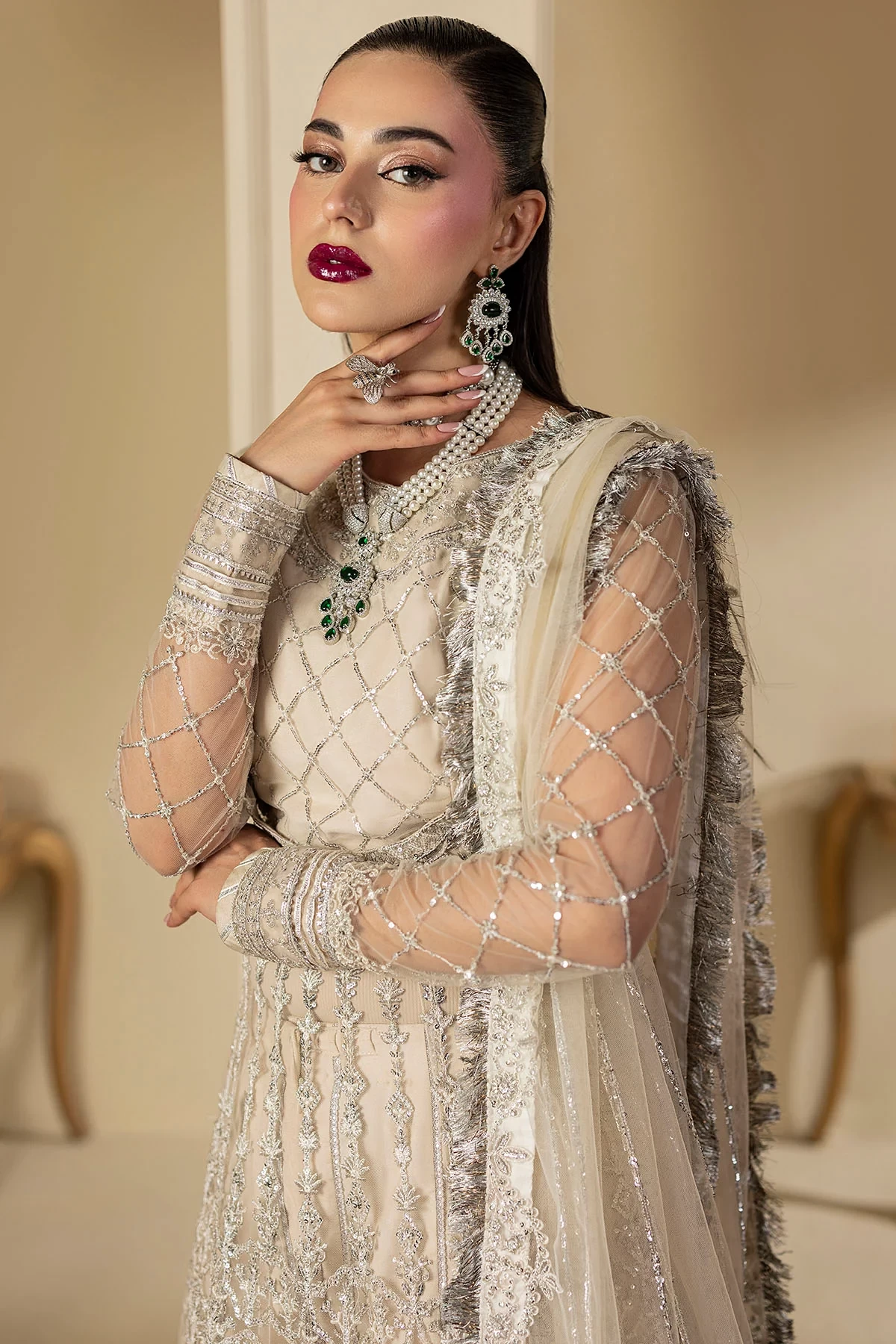 5131-DOVE EMBROIDERED SILK NET - MWU05131-999-DOVE