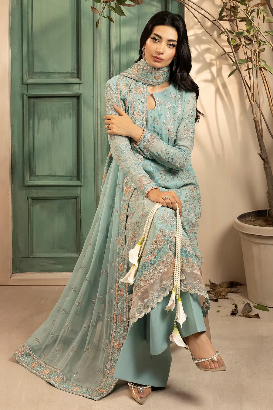 5574-FLORA EMBROIDERED CRINKLE CHIFFON - MWU05574-999-FLORA