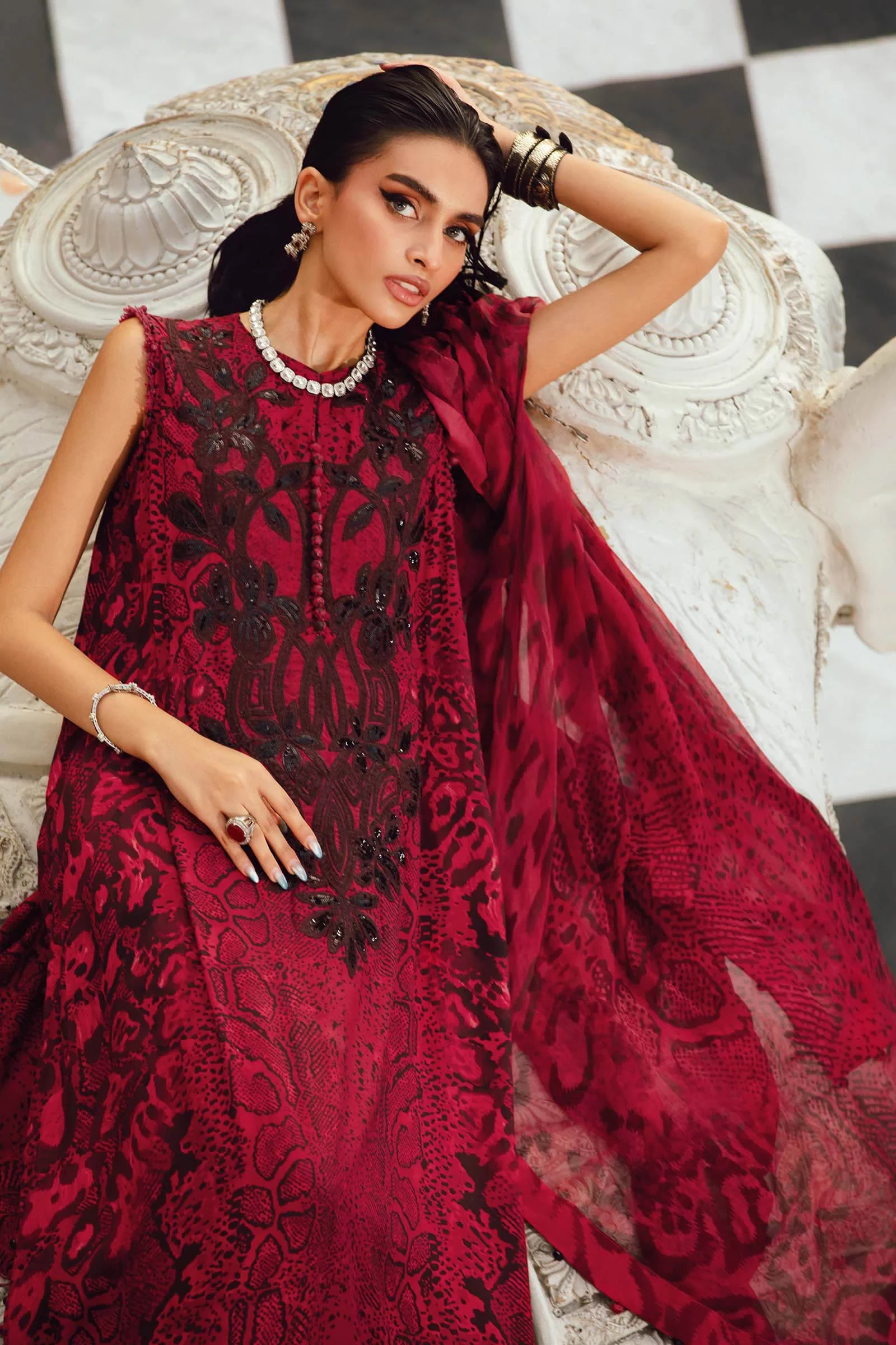 3 Piece Embroidered Linen Suit  - MPT-2702-A
