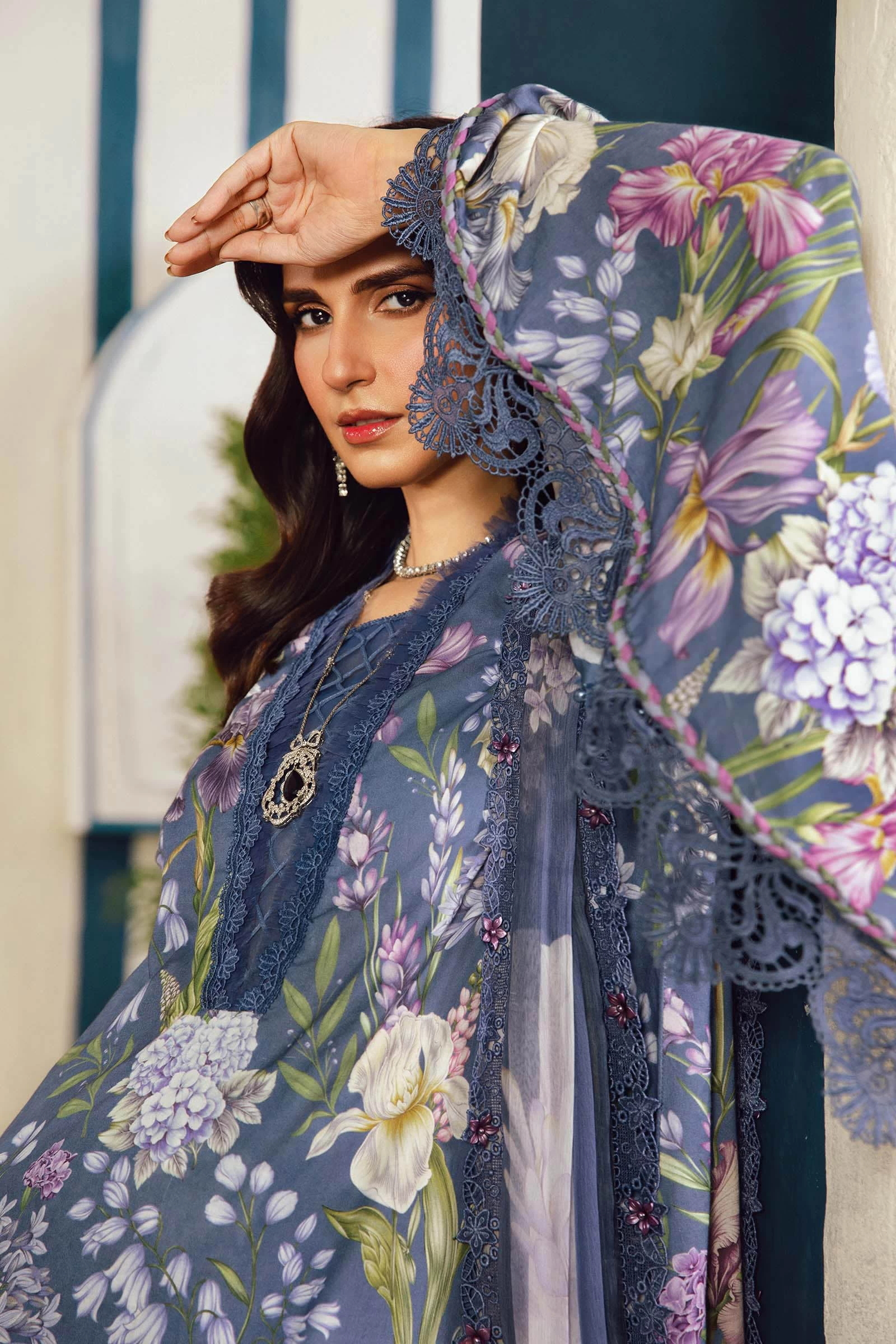3 Piece Embroidered Cambric Suit  - MPT-2708-B