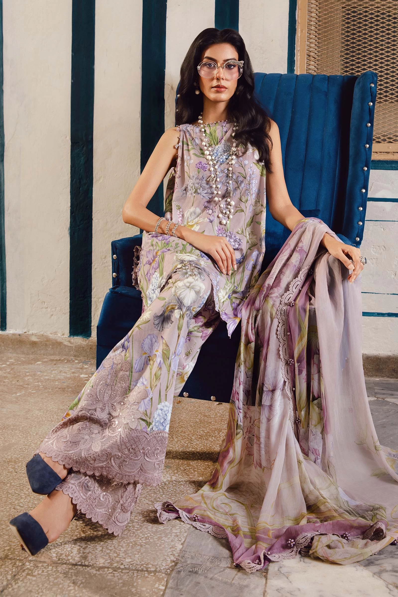 3 Piece Embroidered Cambric Suit  - MPT-2708-A