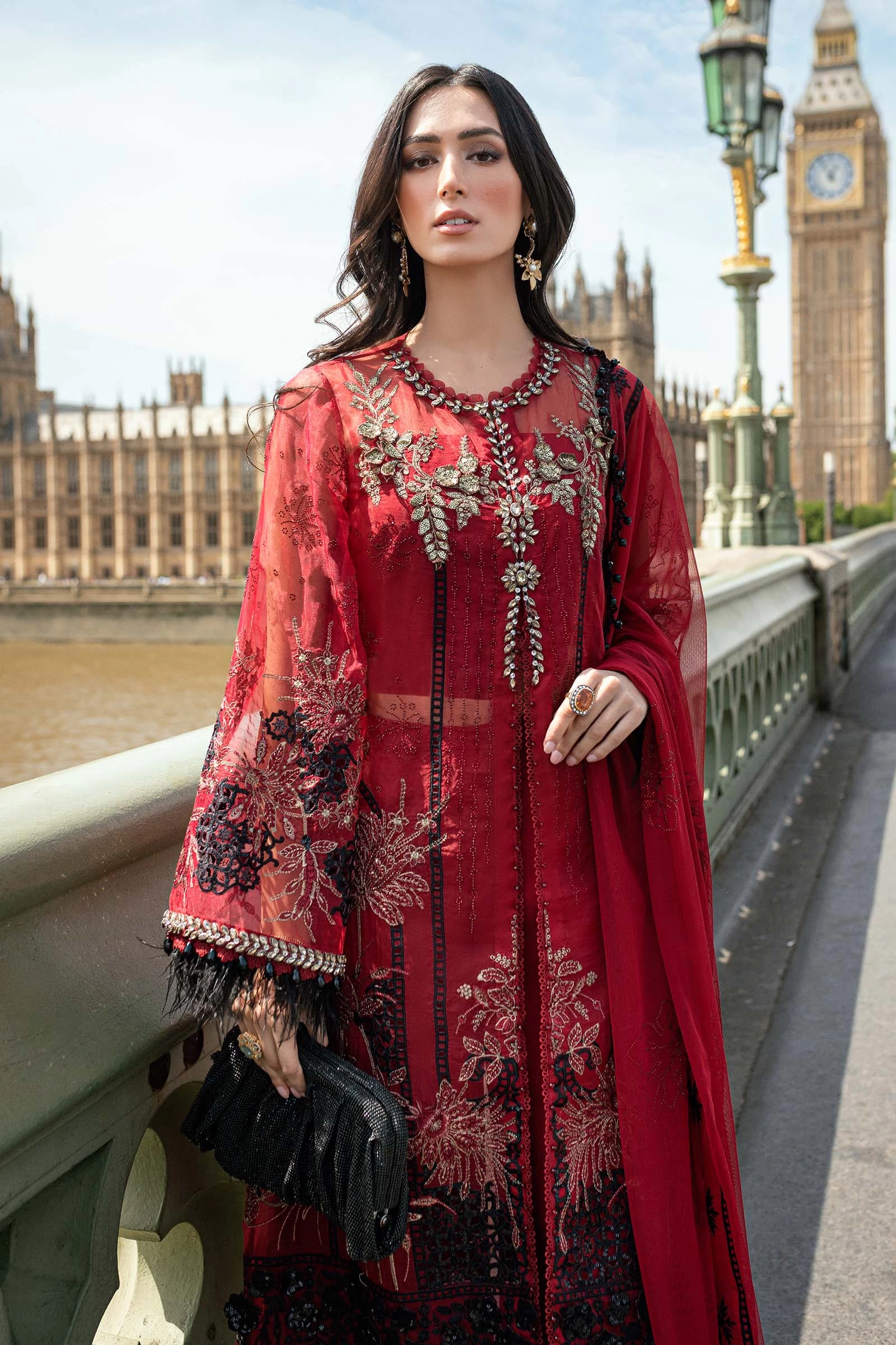 3 Piece Embroidered Organza Suit - WF-09-06-Red