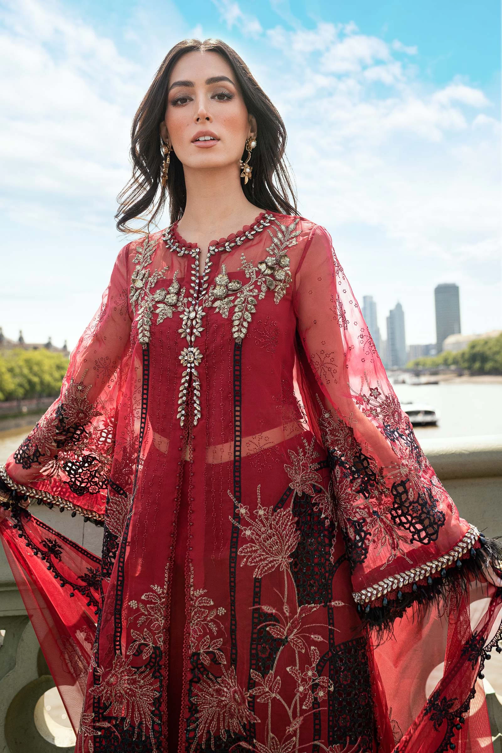 3 Piece Embroidered Organza Suit - WF-09-06-Red