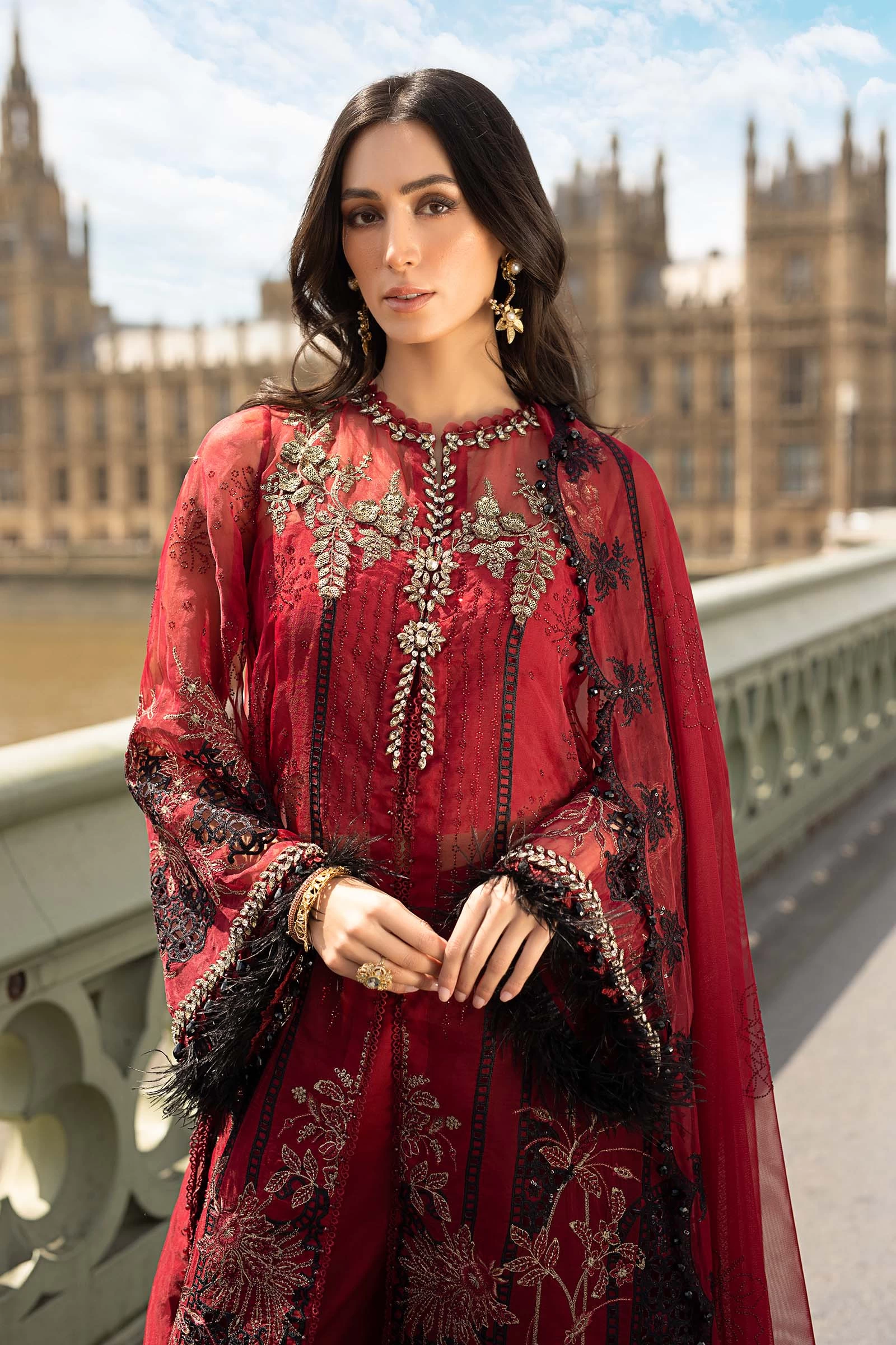 3 Piece Embroidered Organza Suit - WF-09-06-Red