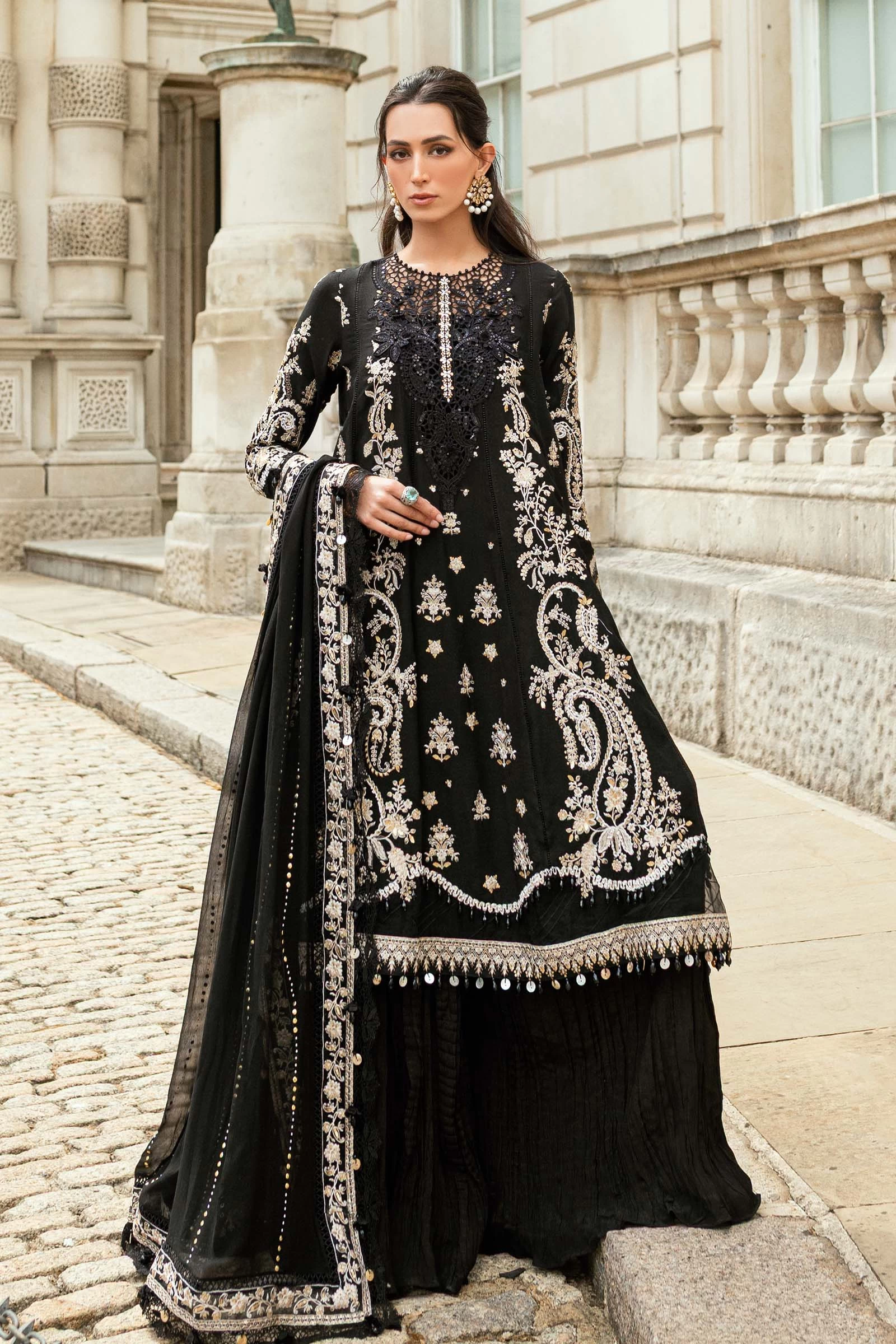 3 Piece Embroidered Raw Silk Suit  - WF-09-03-Black